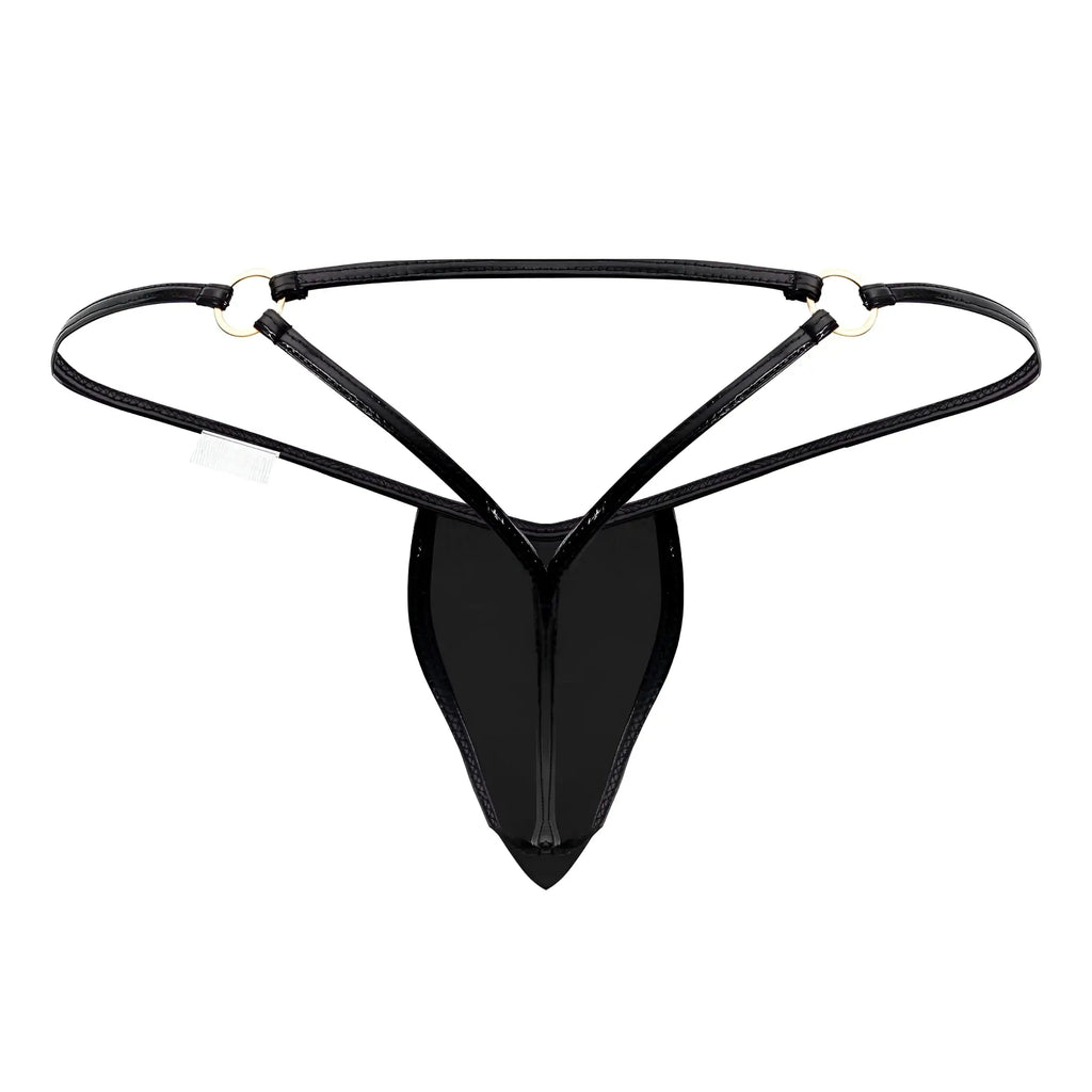 Black glossy latex thong with thin straps and silver toned metal rings candyMan 99738 gloss g-string color black
