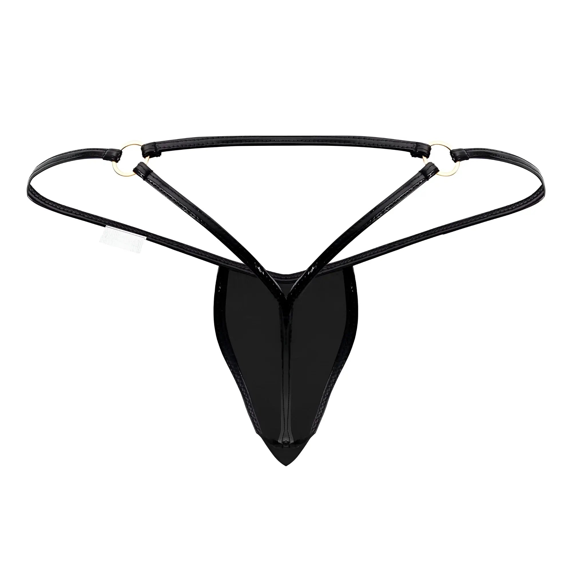 Black glossy latex thong with thin straps and silver toned metal rings candyMan 99738 gloss g-string color black