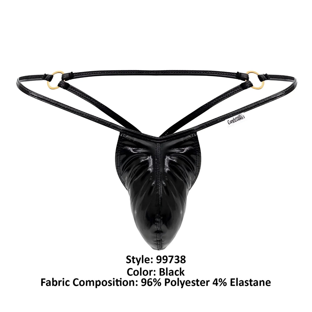 Black glossy polyester and elastane thong with gold-tone metal rings candyMan 99738 gloss g-string color black