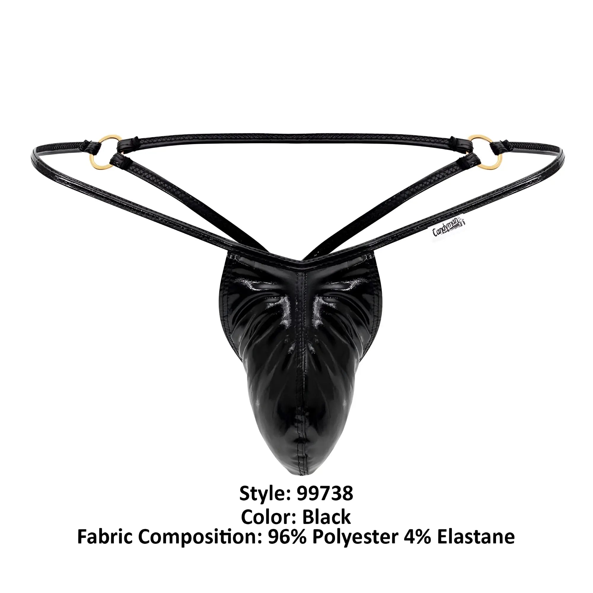 Black glossy polyester and elastane thong with gold-tone metal rings candyMan 99738 gloss g-string color black