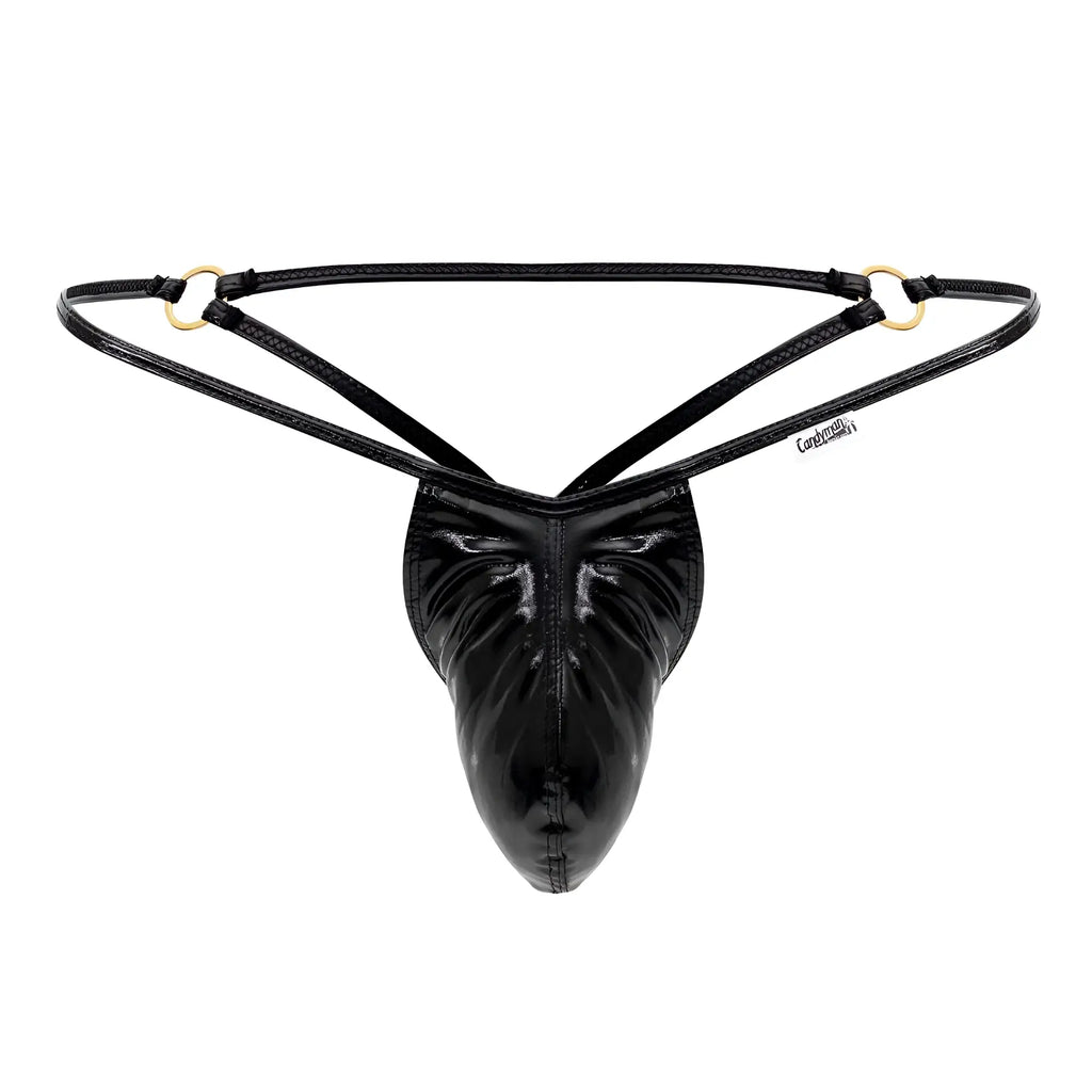 Black patent leather thong with gold-tone rings and central pouch from candyman 99738 gloss g-string collection