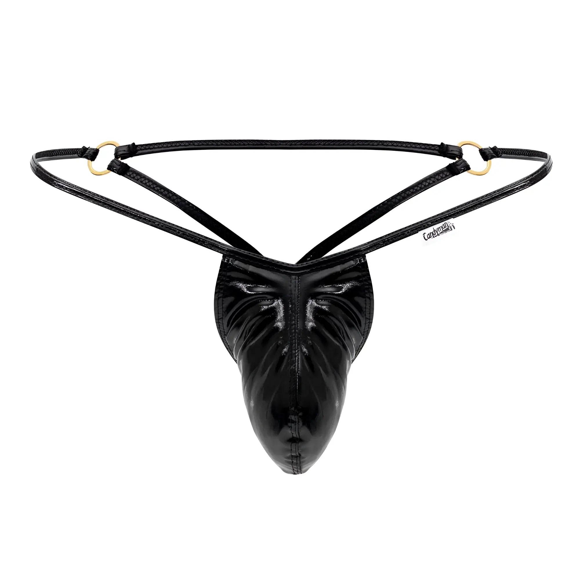 Black patent leather thong with gold-tone rings and central pouch from candyman 99738 gloss g-string collection
