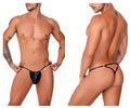 Black shiny latex thong with thin waistband and back straps shown from the back in Candyman 99738 gloss G-string