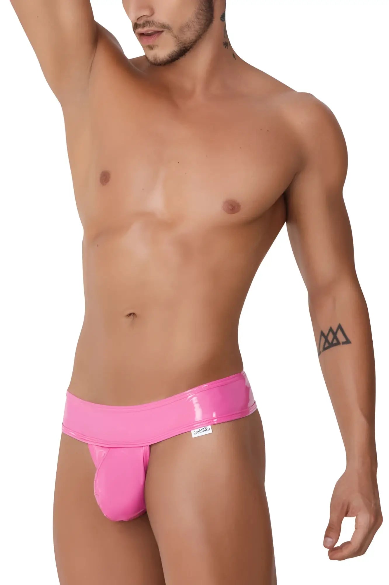 CandyMan 99742 gloss thongs pink bright pink glossy latex jockstrap with snug fit and small brand tag on waistband