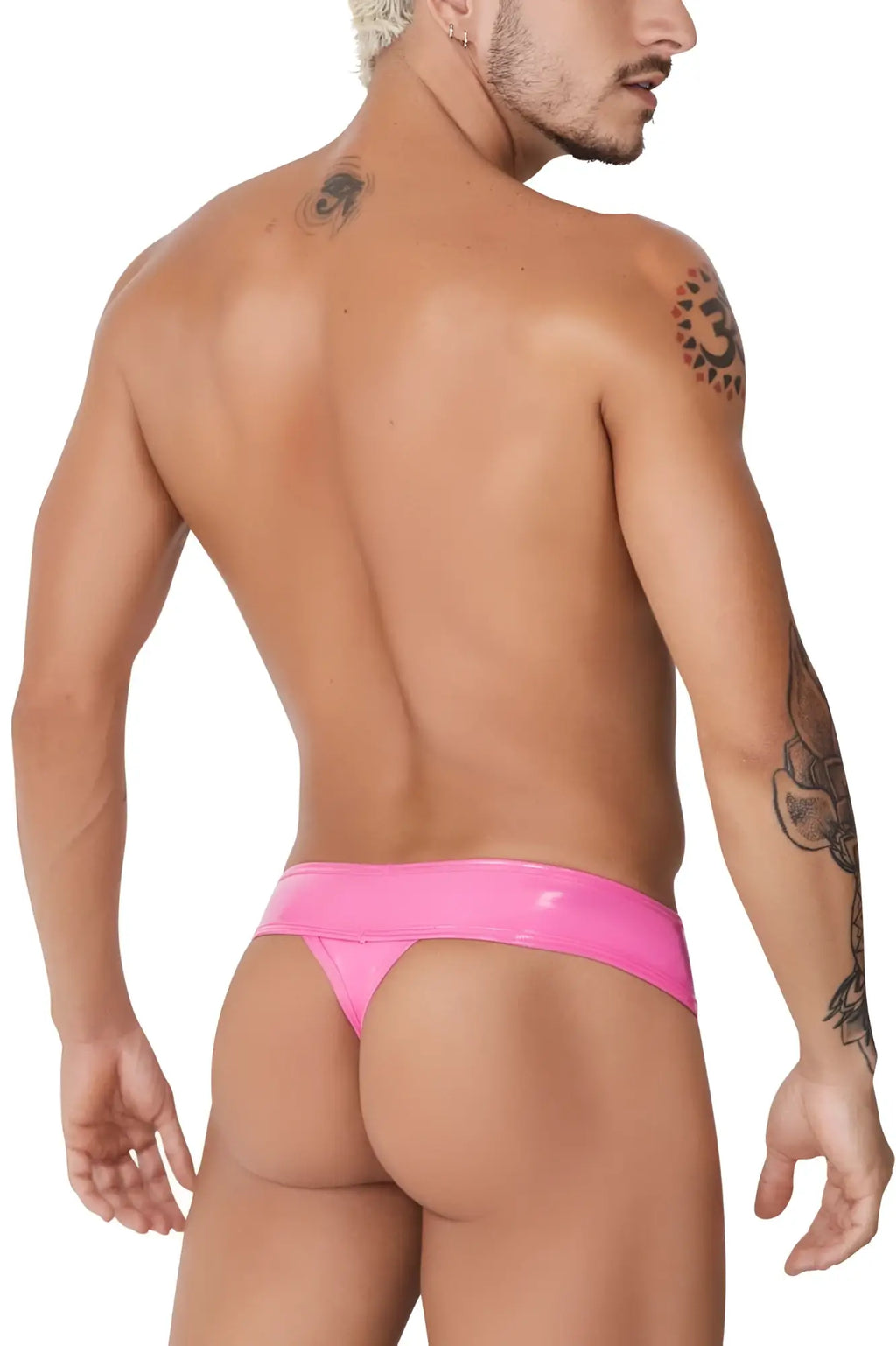 Bright pink glossy latex thong candy man 99742 showing front design and material shine