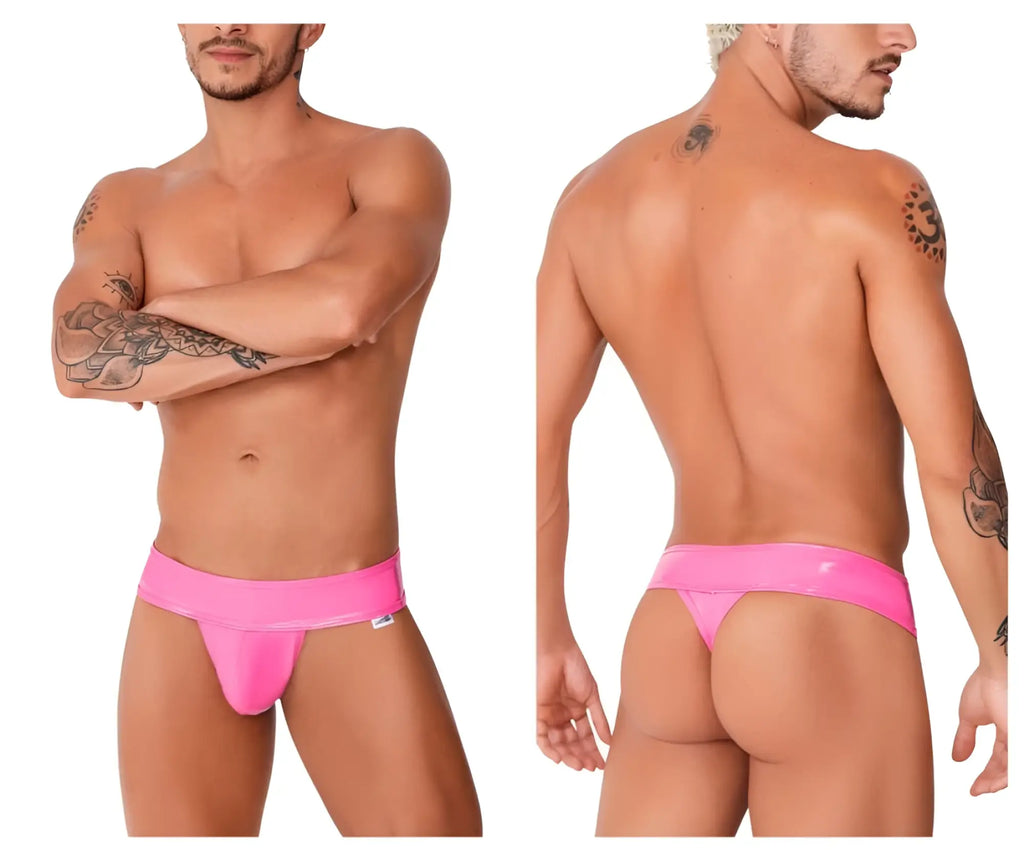 Bright pink glossy latex thong with wide waistband candy man 99742 gloss thongs color pink viewed from front