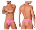 Bright pink glossy latex thong with wide waistband candy man 99742 gloss thongs color pink viewed from front