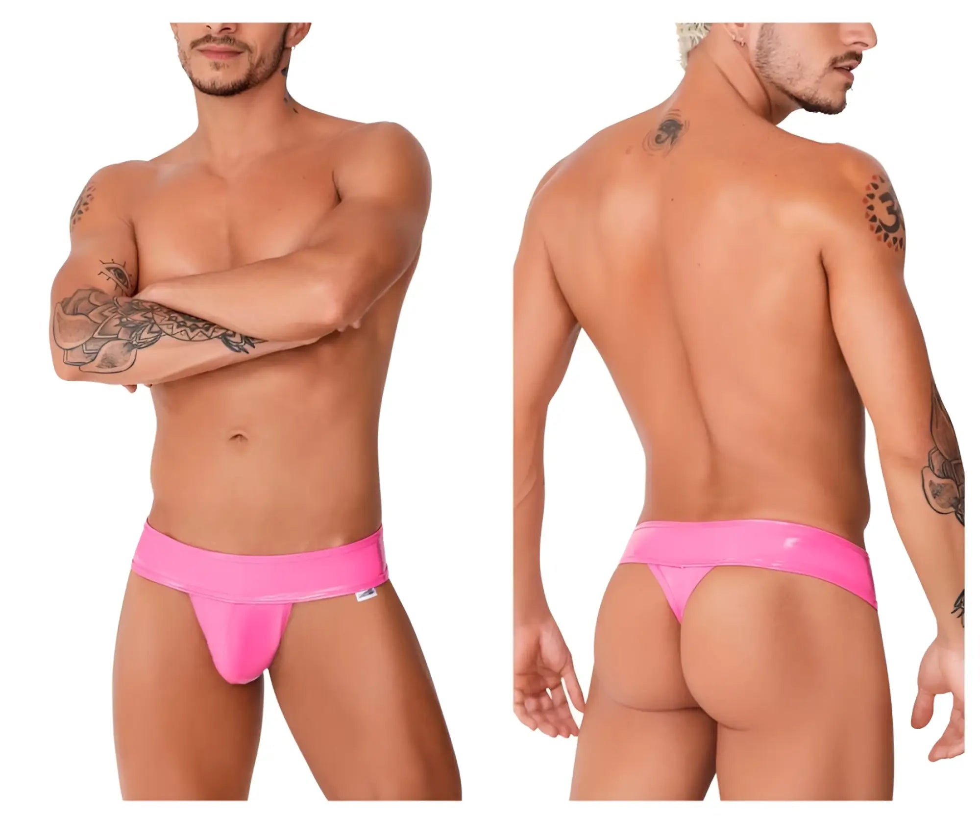 Bright pink glossy latex thong with wide waistband candy man 99742 gloss thongs color pink viewed from front