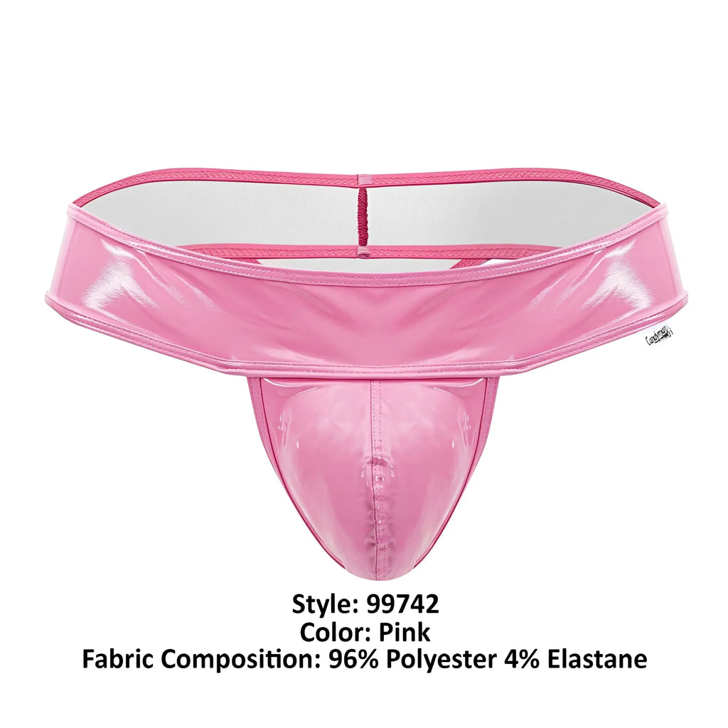 Pink glossy polyester and elastane CandyMan 99742 thong with wide waistband shown from the back side