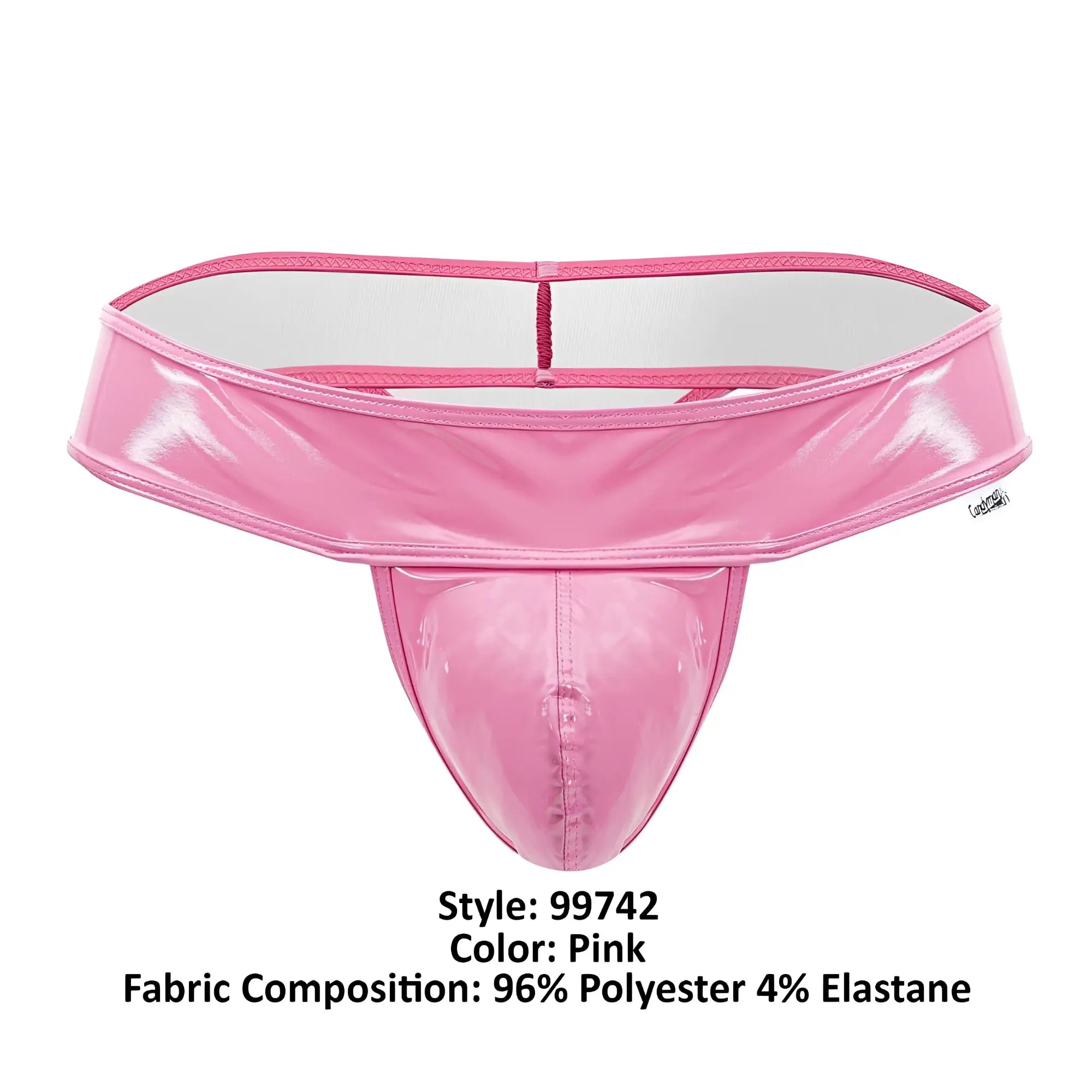 Pink glossy polyester and elastane CandyMan 99742 thong with wide waistband shown from the back side