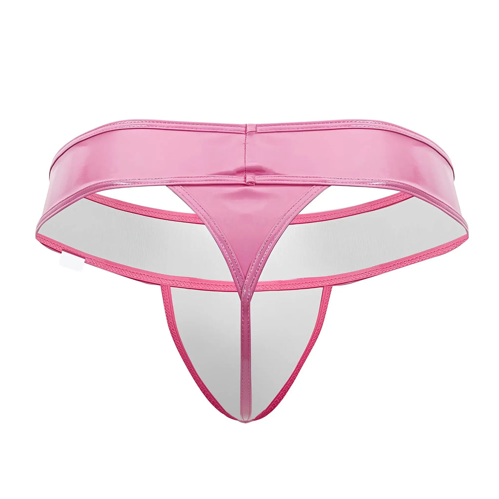 Pink CandyMan 99742 gloss thong made of shiny latex with transparent white interior and pink stitching visible