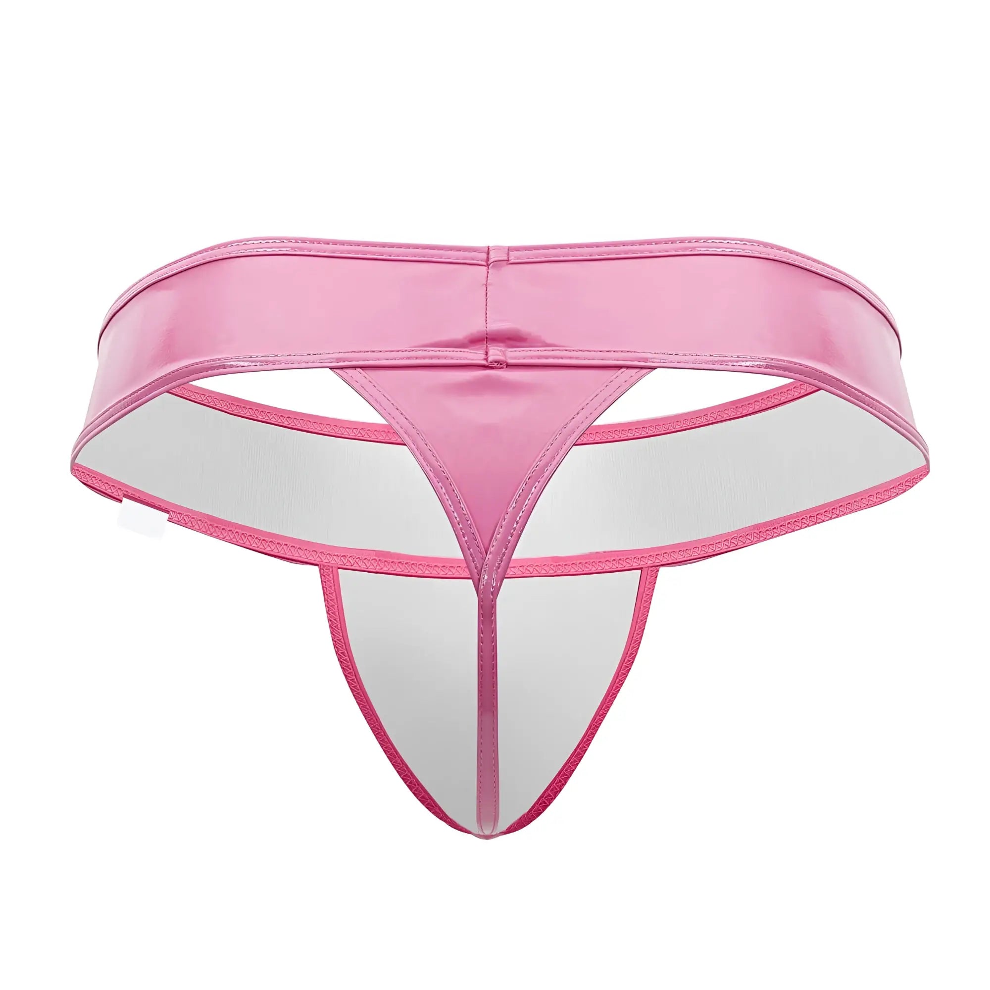 Pink CandyMan 99742 gloss thong made of shiny latex with transparent white interior and pink stitching visible