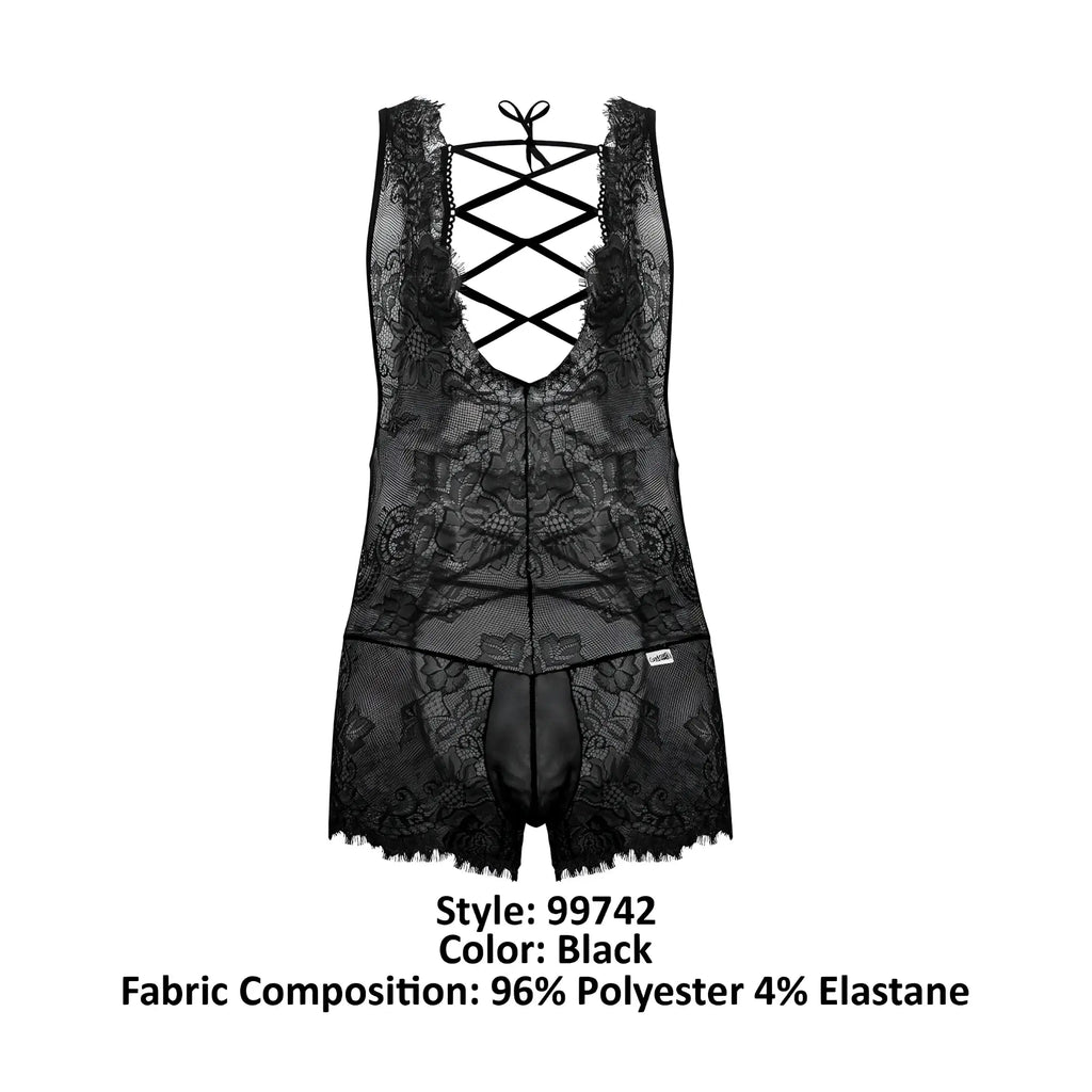 Black lace bodysuit candyMan 99743 with crisscross back design and sheer floral-patterned fabric