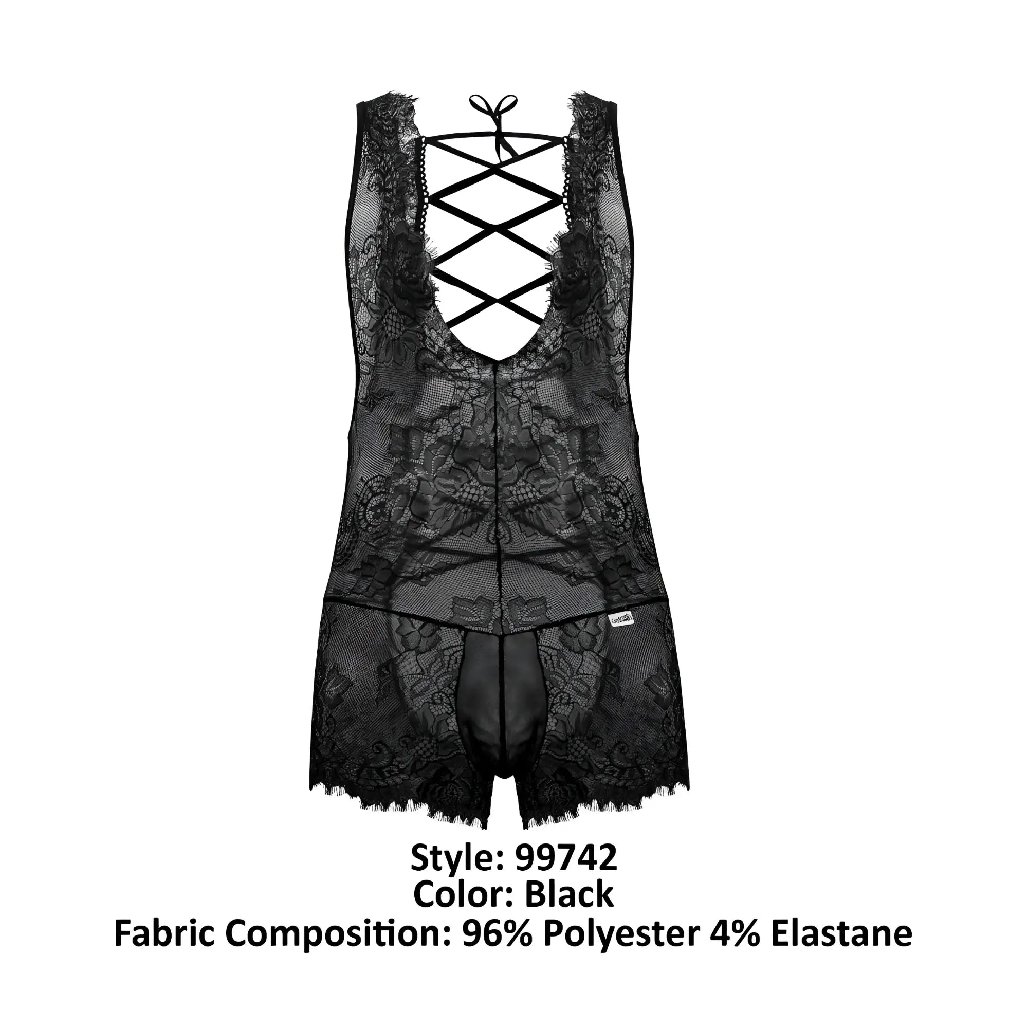 Black lace bodysuit candyMan 99743 with crisscross back design and sheer floral-patterned fabric
