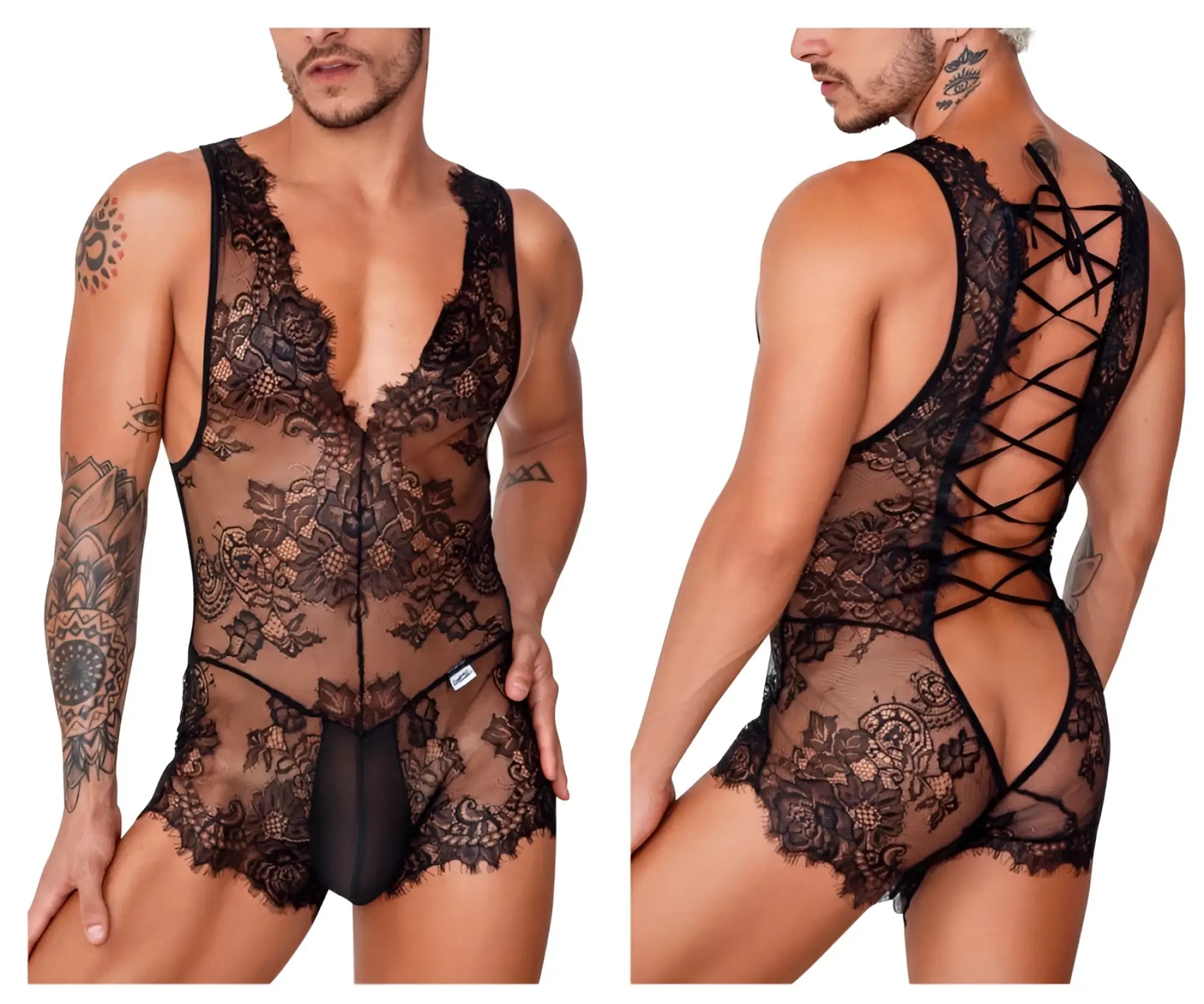 Black lace CandyMan 99743 bodysuit with floral patterns and back tie design shown from the back side