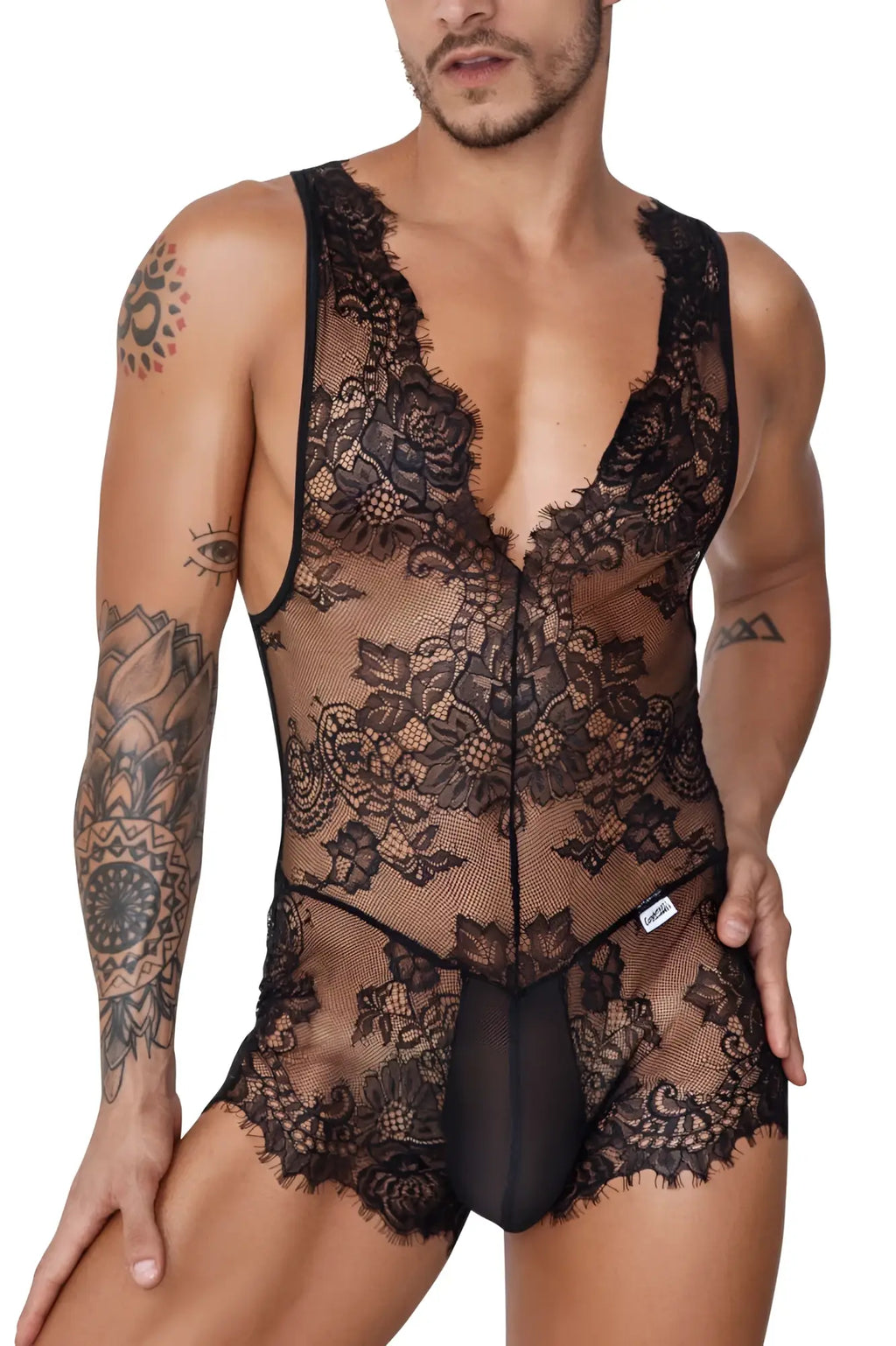 Black CandyMan 99743 lace bodysuit with sheer mesh panels and a plunging neckline in floral design