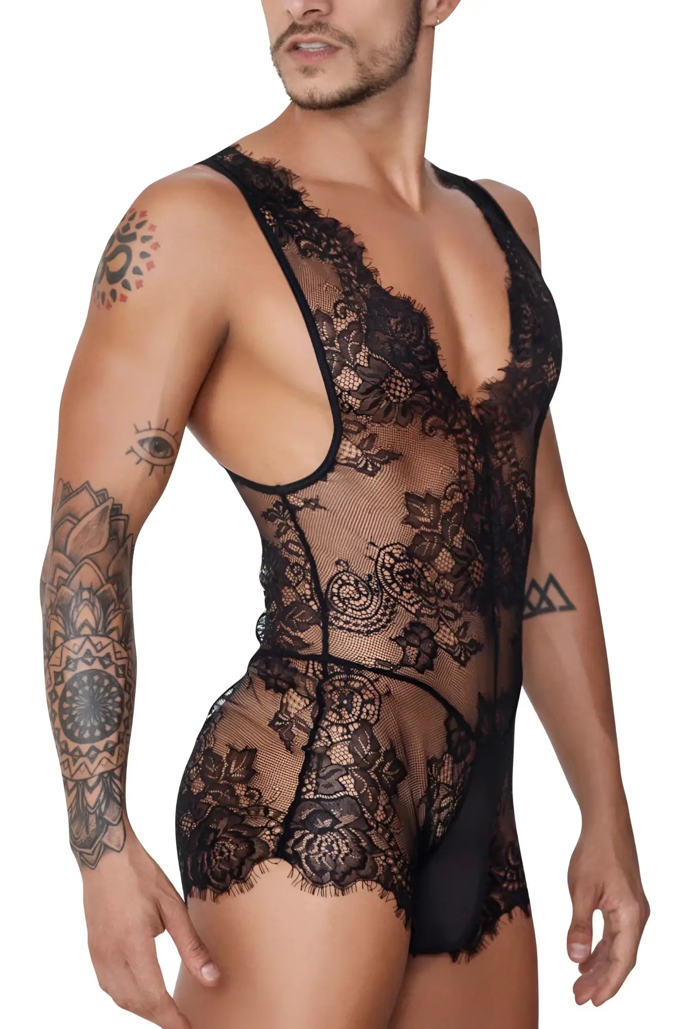 Black lace CandyMan 99743 bodysuit with intricate floral patterns and sheer mesh panels in black color