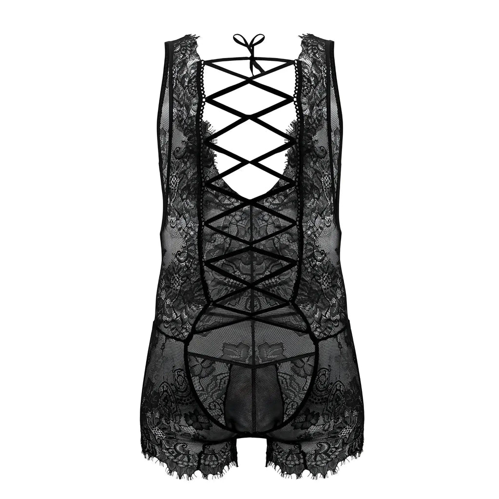 CandyMan 99743 lace bodysuit in black with intricate floral patterns and crisscross back tie design shown from back