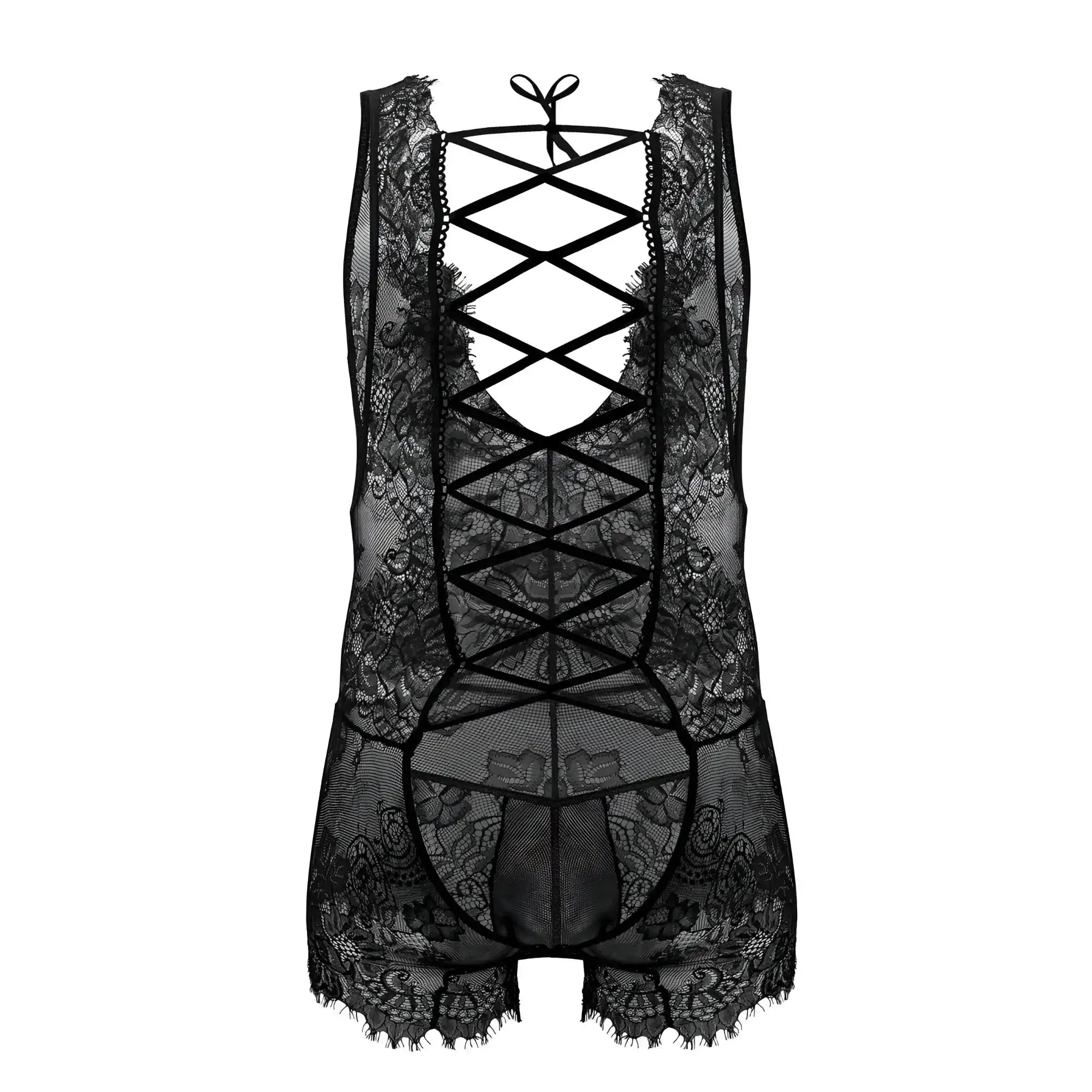 CandyMan 99743 lace bodysuit in black with intricate floral patterns and crisscross back tie design shown from back