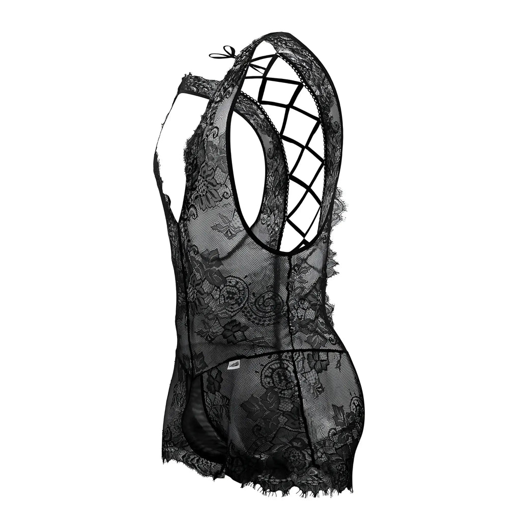 Black lace CandyMan 99743 bodysuit with intricate floral patterns and crisscross back design shown from the back
