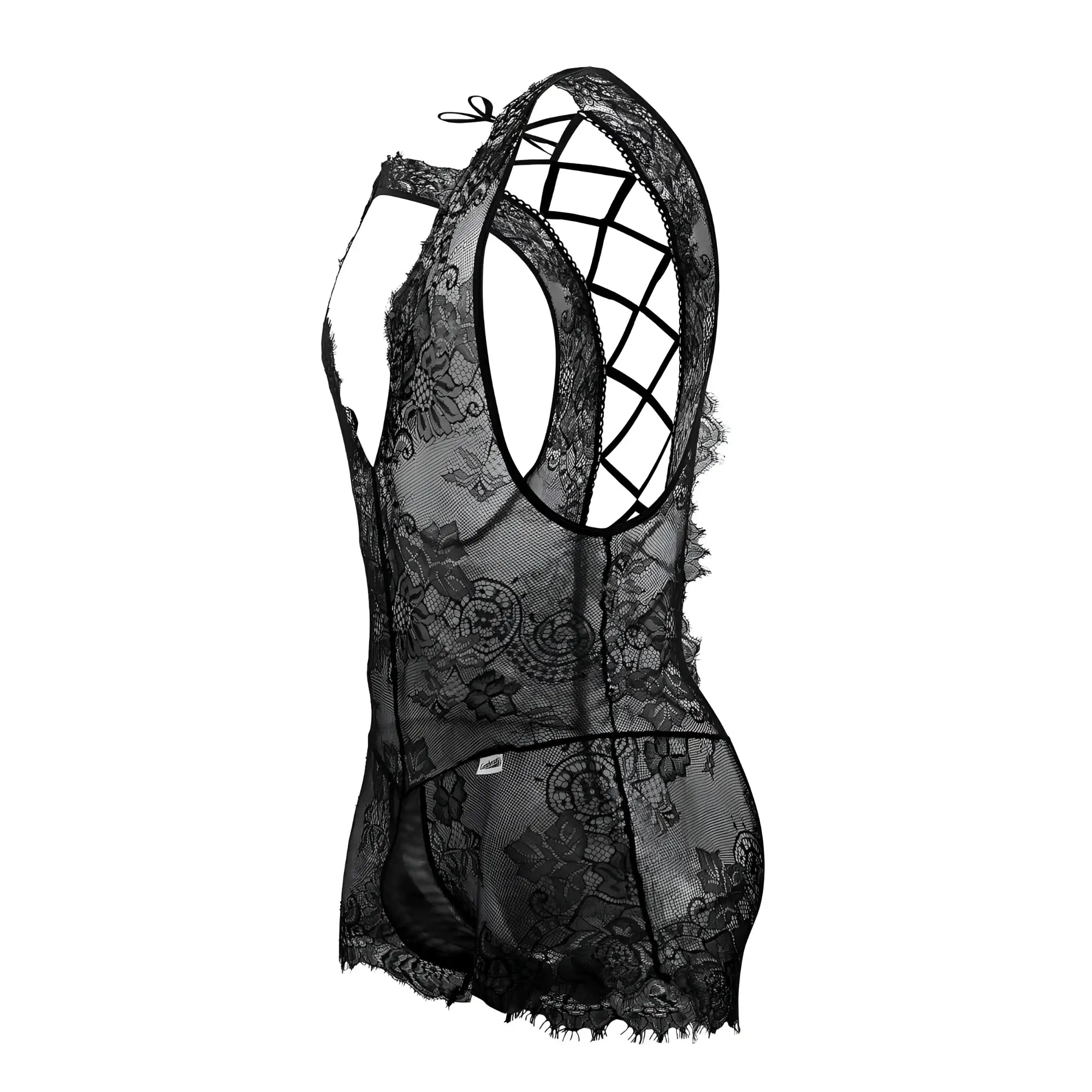 Black lace CandyMan 99743 bodysuit with intricate floral patterns and crisscross back design shown from the back