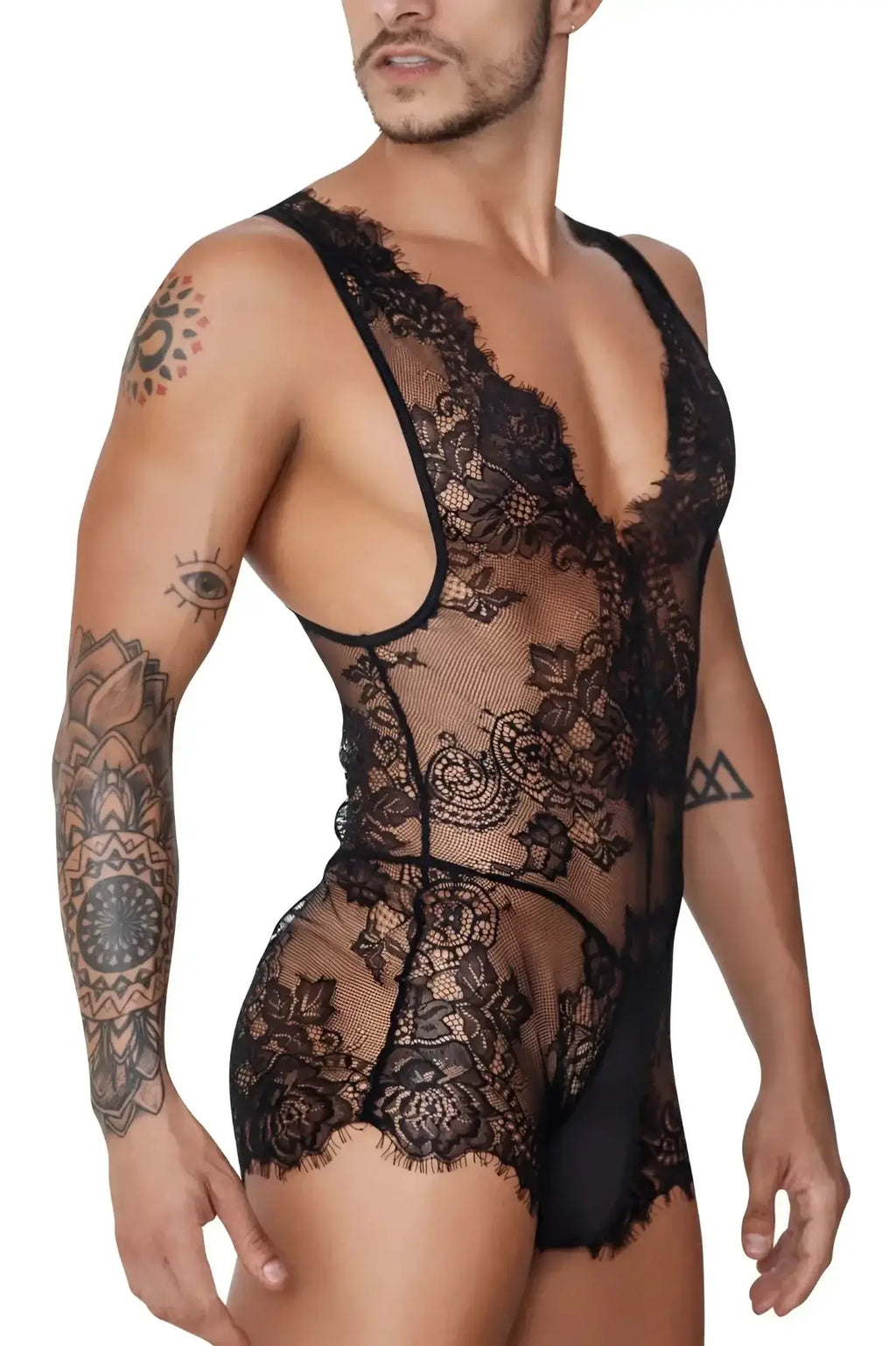 Black lace CandyMan 99743 bodysuit with intricate floral patterns and sheer mesh panels in black color