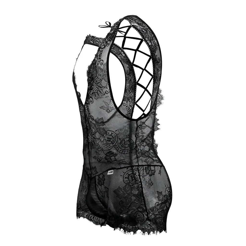 Black lace CandyMan 99743 bodysuit with intricate floral patterns and crisscross back design shown from the back