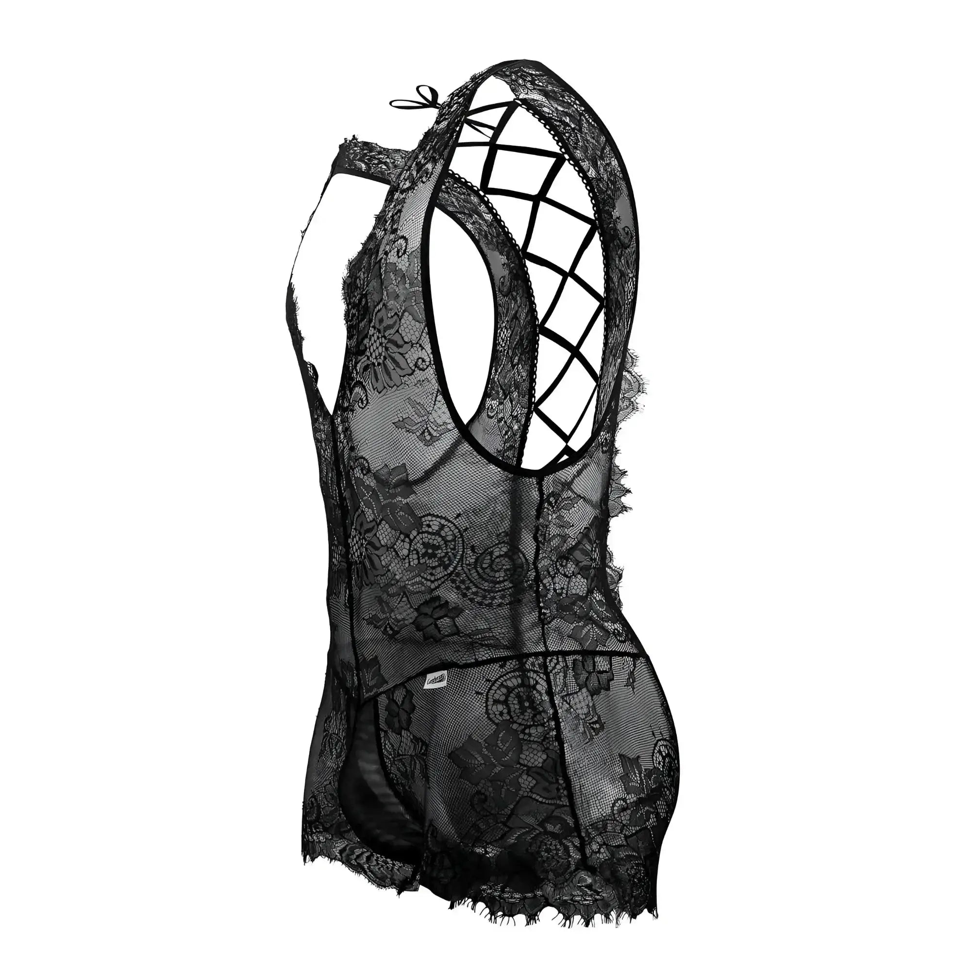 Black lace CandyMan 99743 bodysuit with intricate floral patterns and crisscross back design shown from the back
