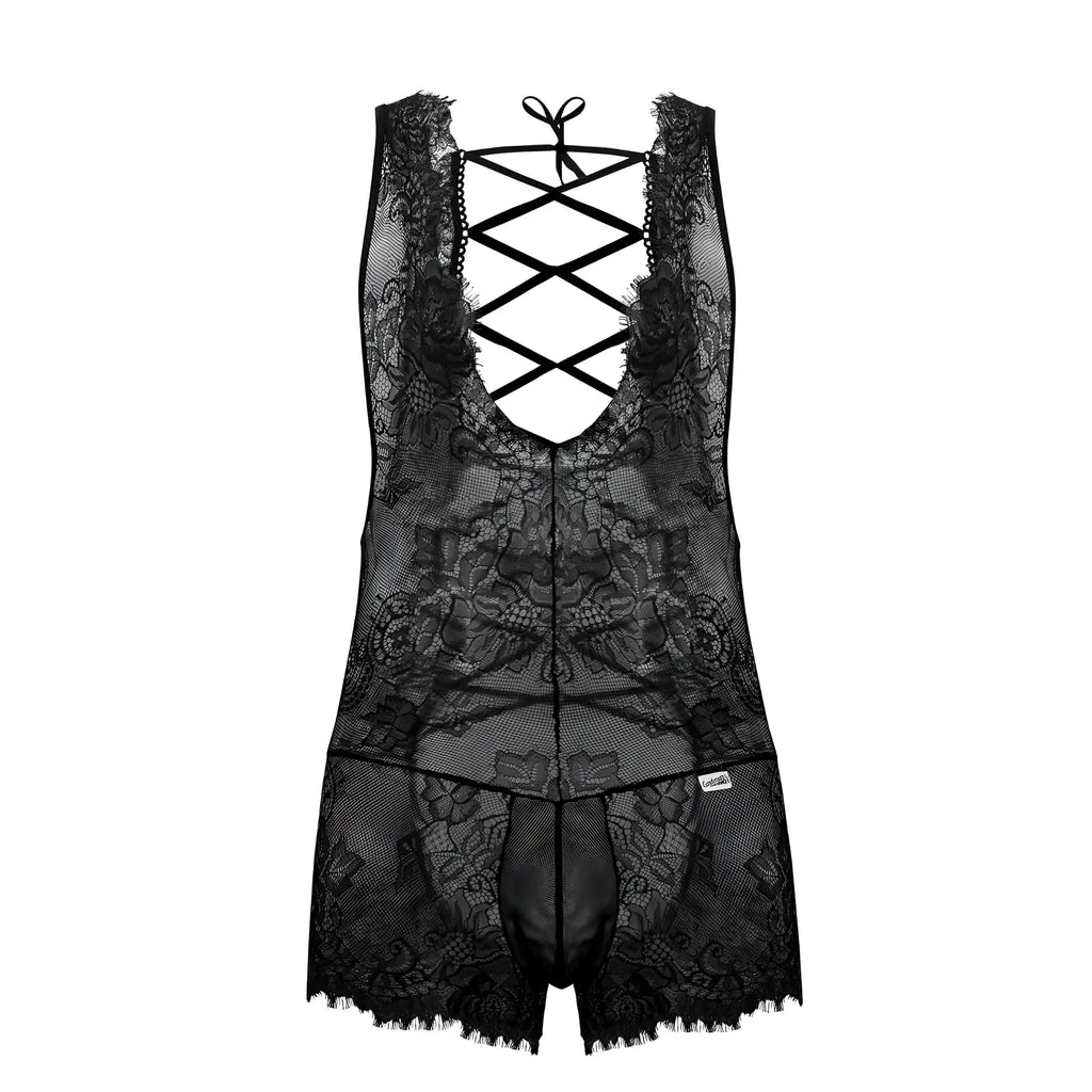 Black lace CandyMan 99743 bodysuit with intricate floral patterns and crisscross back tie detail shown from back side