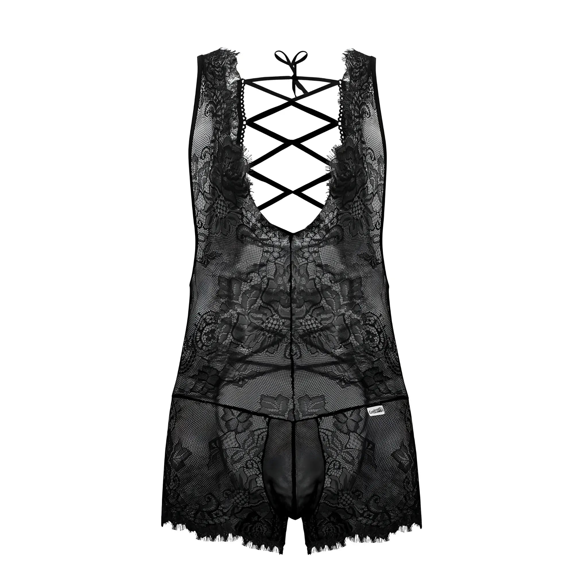 Black lace CandyMan 99743 bodysuit with intricate floral patterns and crisscross back tie detail shown from back side