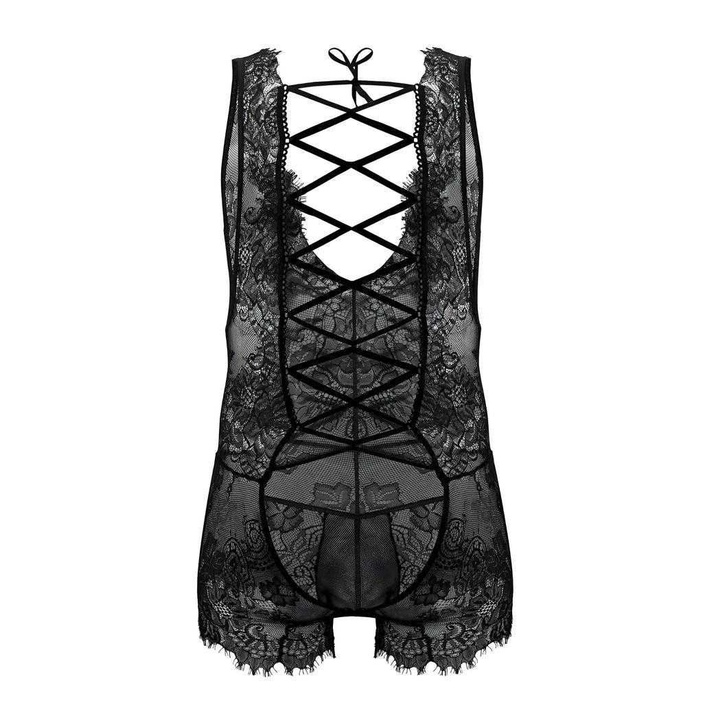 CandyMan 99743 lace bodysuit in black with intricate floral patterns and crisscross back tie design shown from back