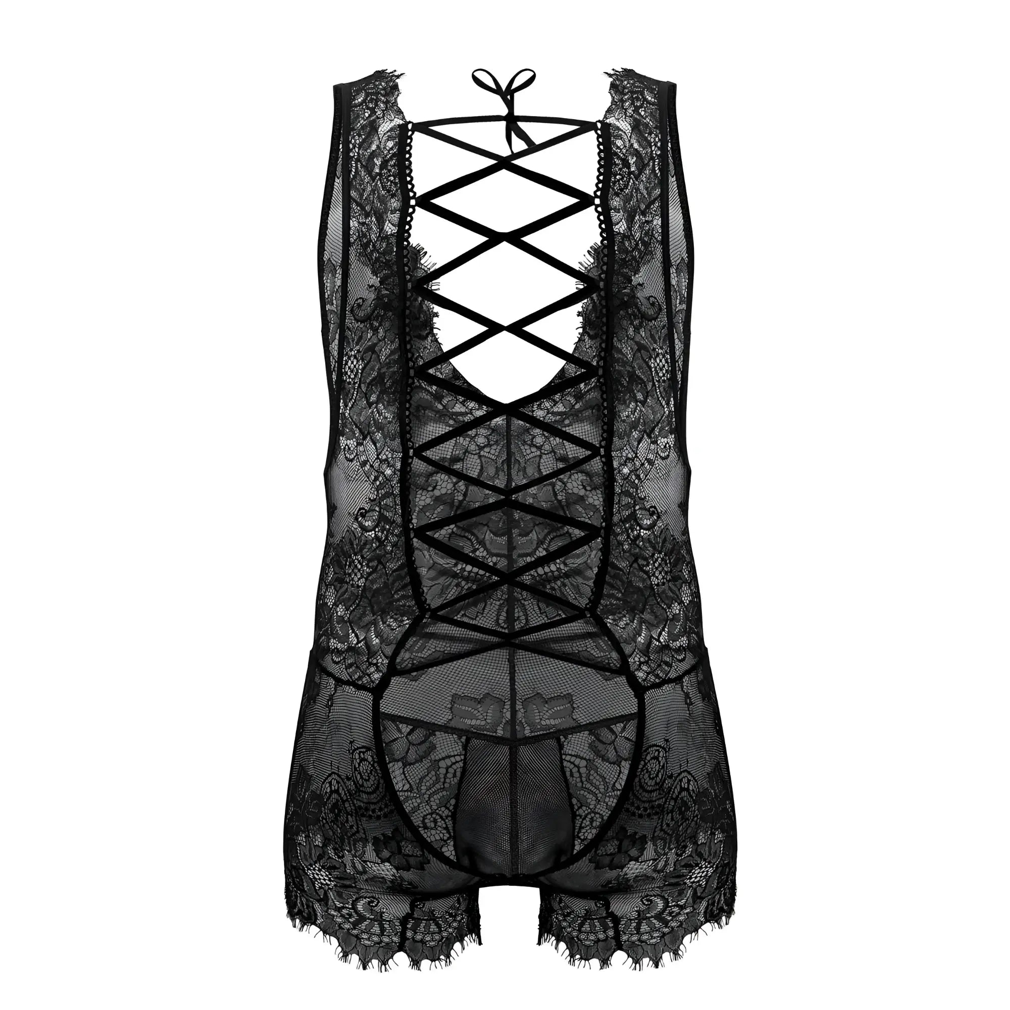CandyMan 99743 lace bodysuit in black with intricate floral patterns and crisscross back tie design shown from back