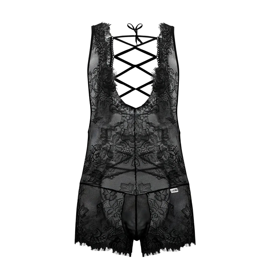 Black lace CandyMan 99743 bodysuit with intricate floral patterns and crisscross back tie detail shown from back side