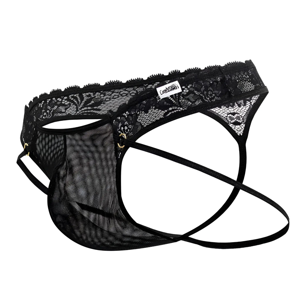 Black lace and mesh men’s thong underwear with branded tag candy man 99747 in black color front view