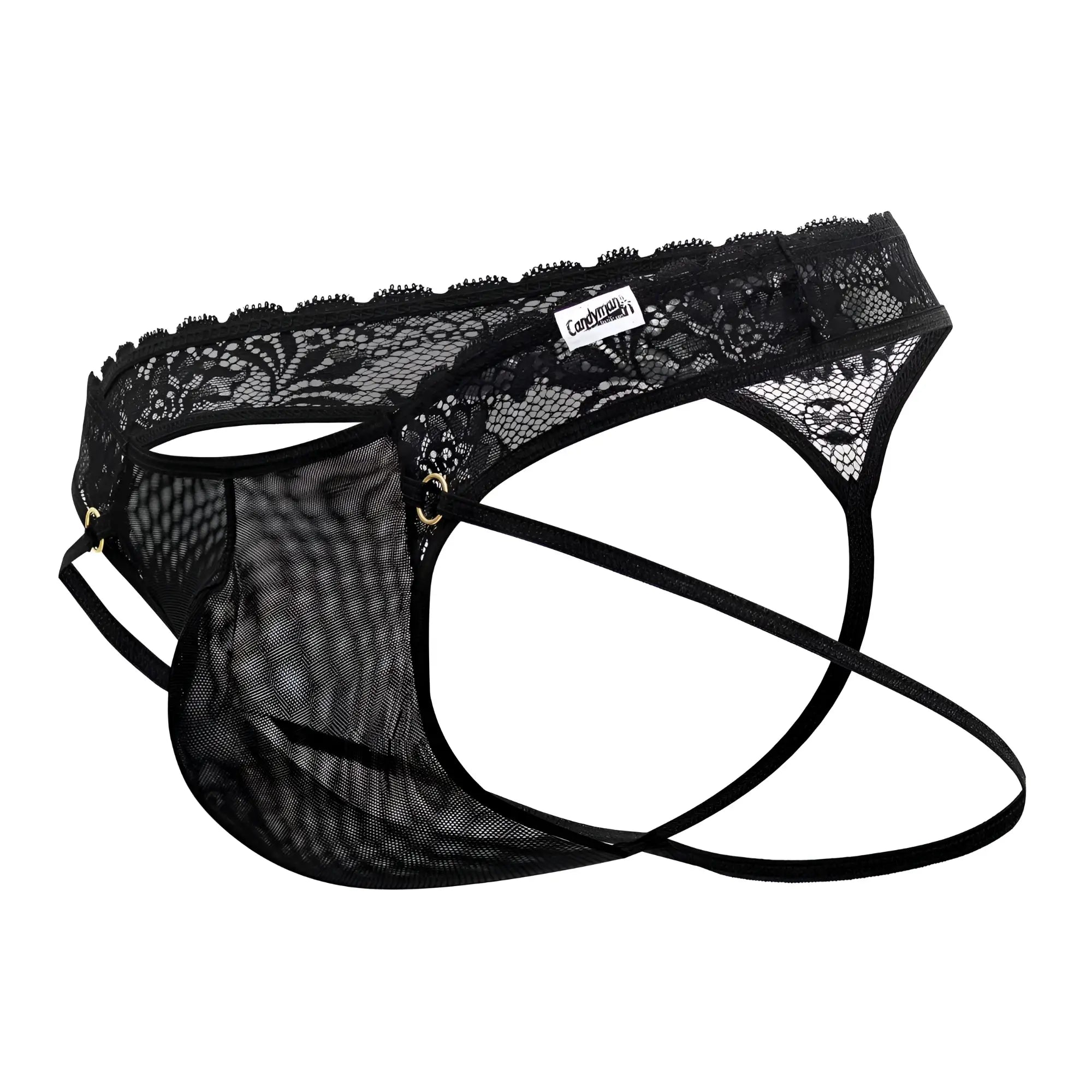 Black lace and mesh men’s thong underwear with branded tag candy man 99747 in black color front view
