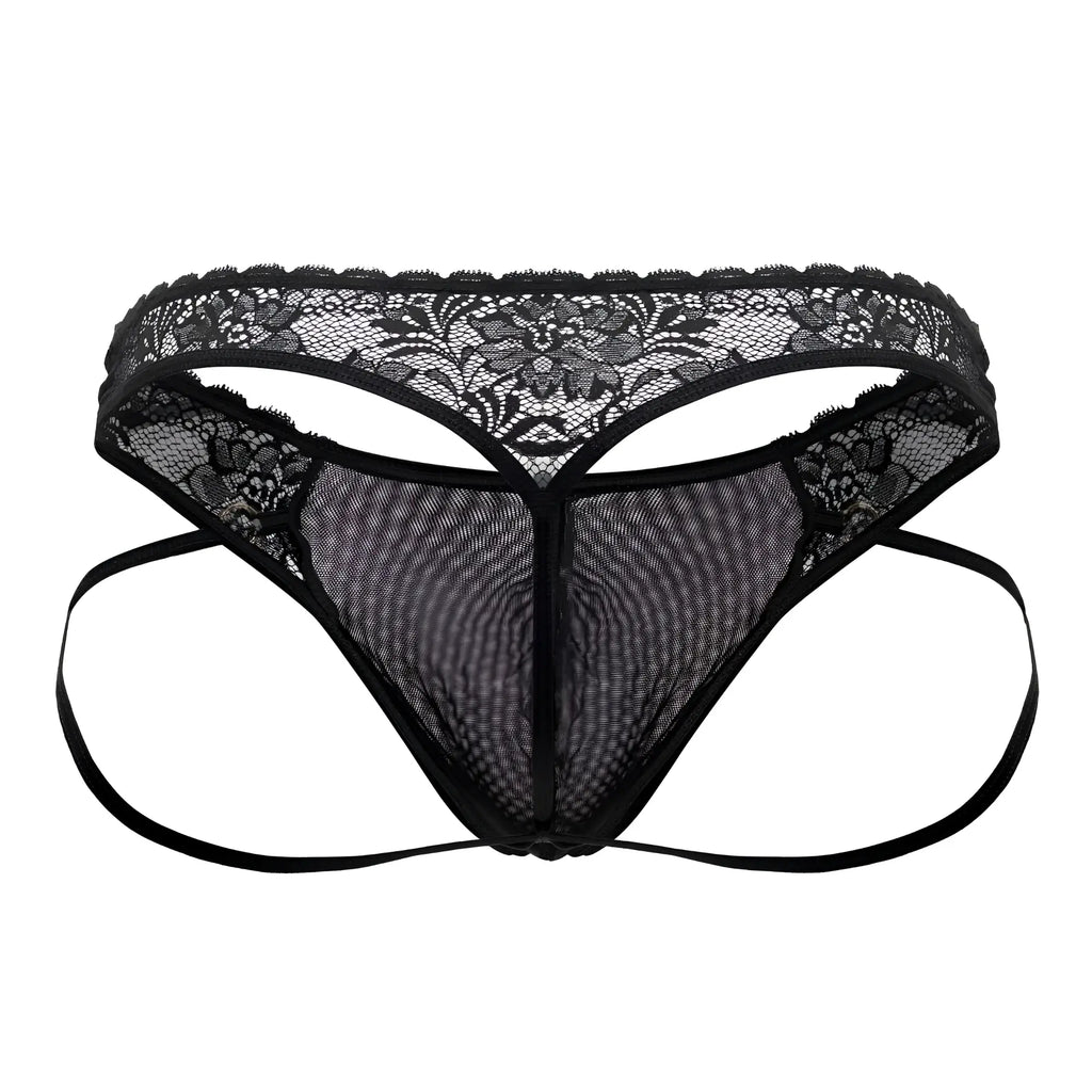 Black lace thong candyMan 99747 with floral pattern and mesh fabric in black shown from the back side