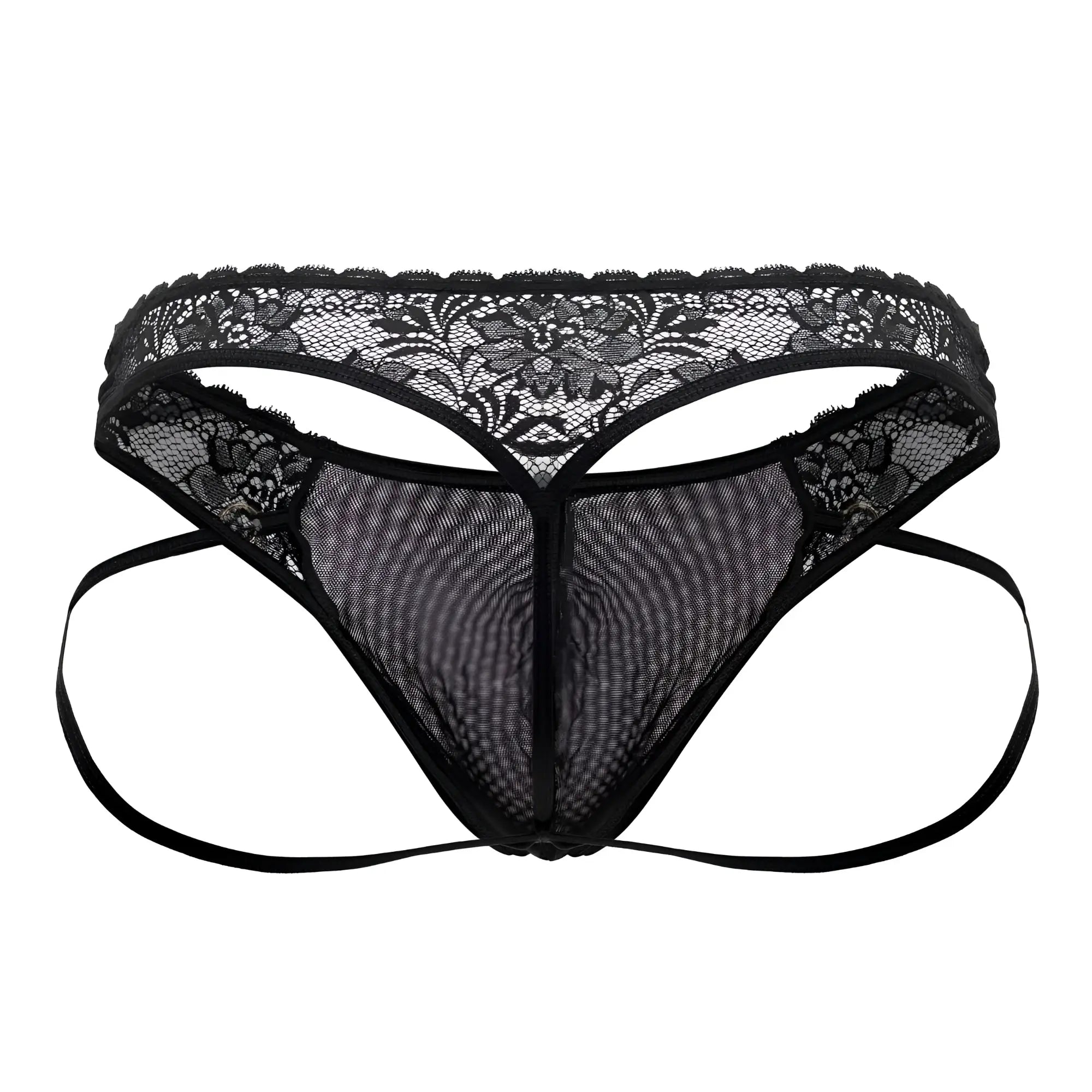 Black lace thong candyMan 99747 with floral pattern and mesh fabric in black shown from the back side
