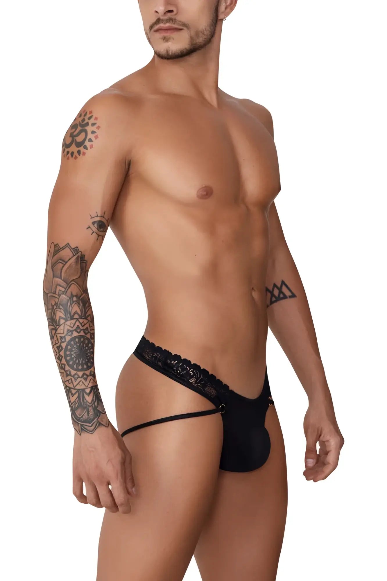 CandyMan 99747 black men’s thong with lace trim and sleek form-fitting design for comfortable wear