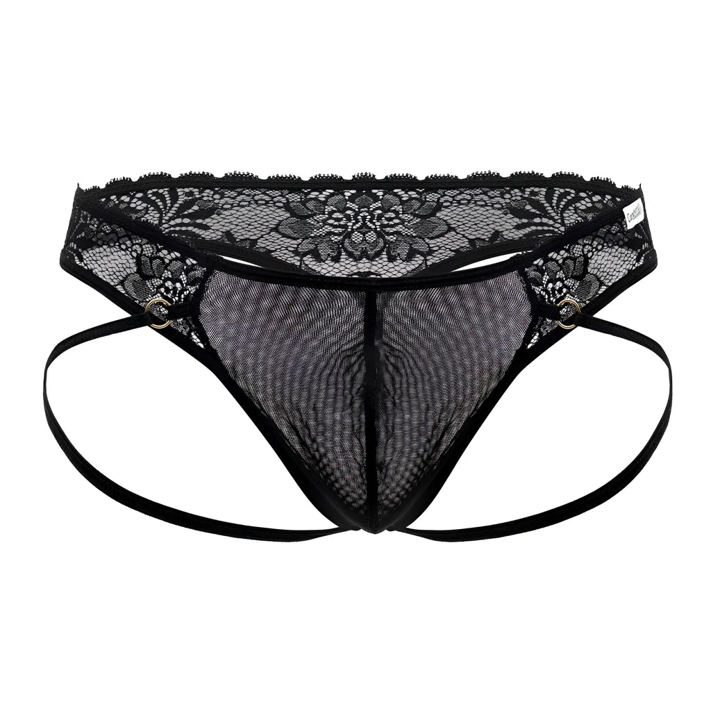 Black lace-trimmed mesh thong with adjustable straps and metallic grommets in CandyMan 99747 lace thongs black