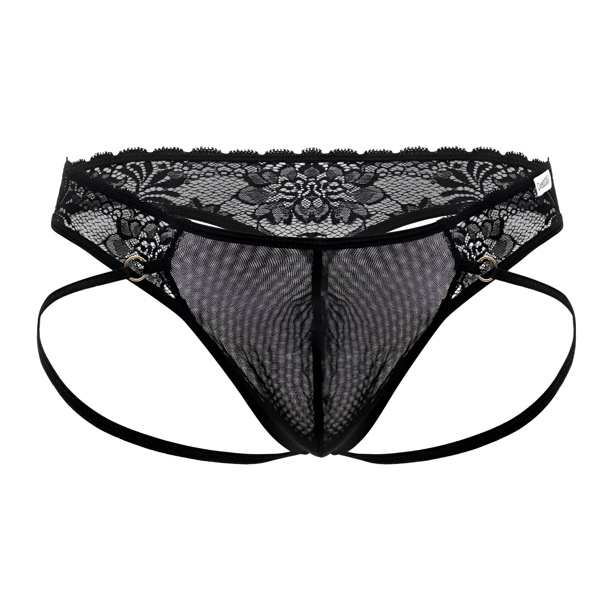 Black lace-trimmed mesh thong with adjustable straps and metallic grommets in CandyMan 99747 lace thongs black
