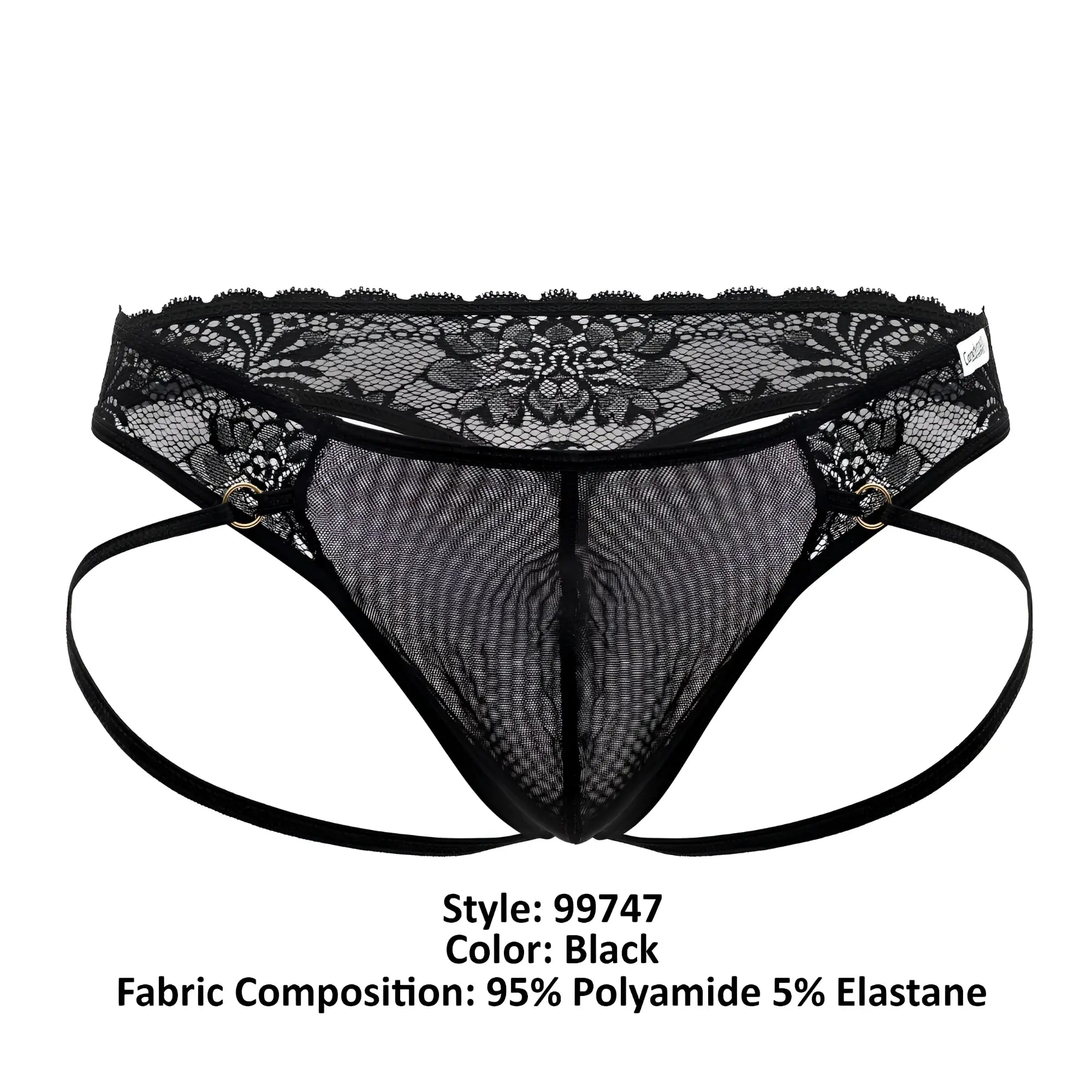 Black candyMan 99747 lace thong with adjustable side straps mesh fabric and central seam