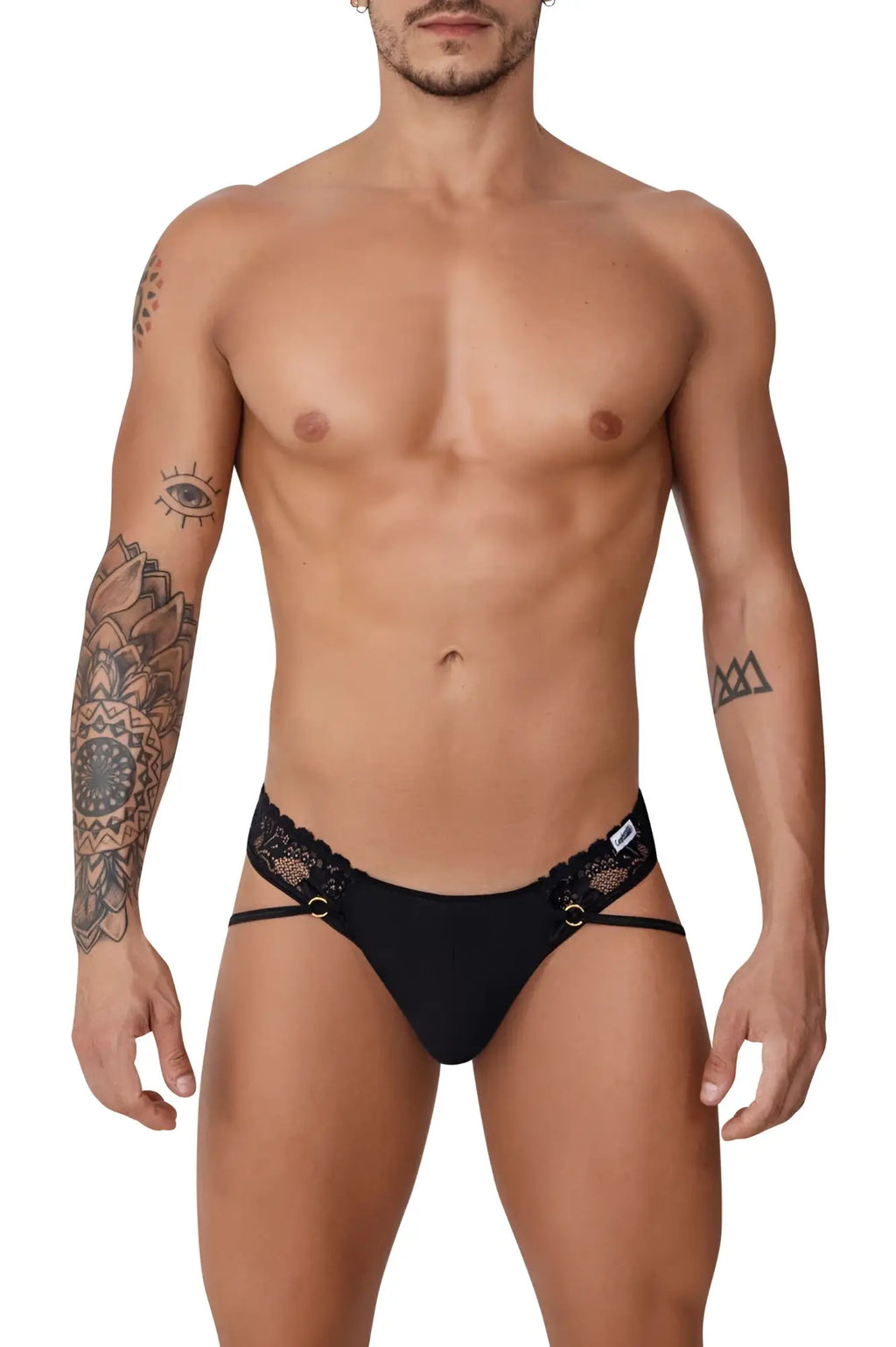 Black lace-trimmed CandyMan 99747 thongs in black with a sleek, form-fitting design shown from the back side
