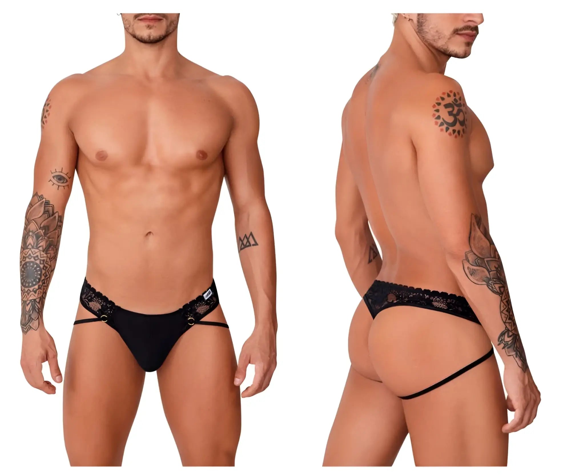 Black lace-trimmed thong candy man 99747 in sleek form-fitting design showcasing front view