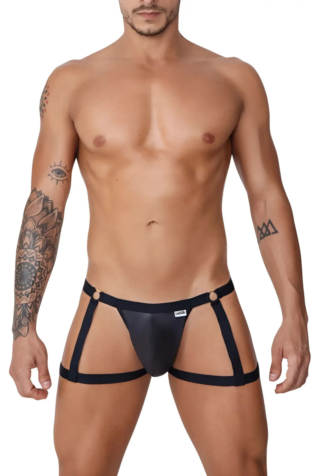 Black leather-like thong garter jockstrap with four side straps and white brand tag by candyman 99749 in black