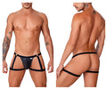 Black leather thong garter jockstrap with adjustable side straps and gold-tone hardware by candyman