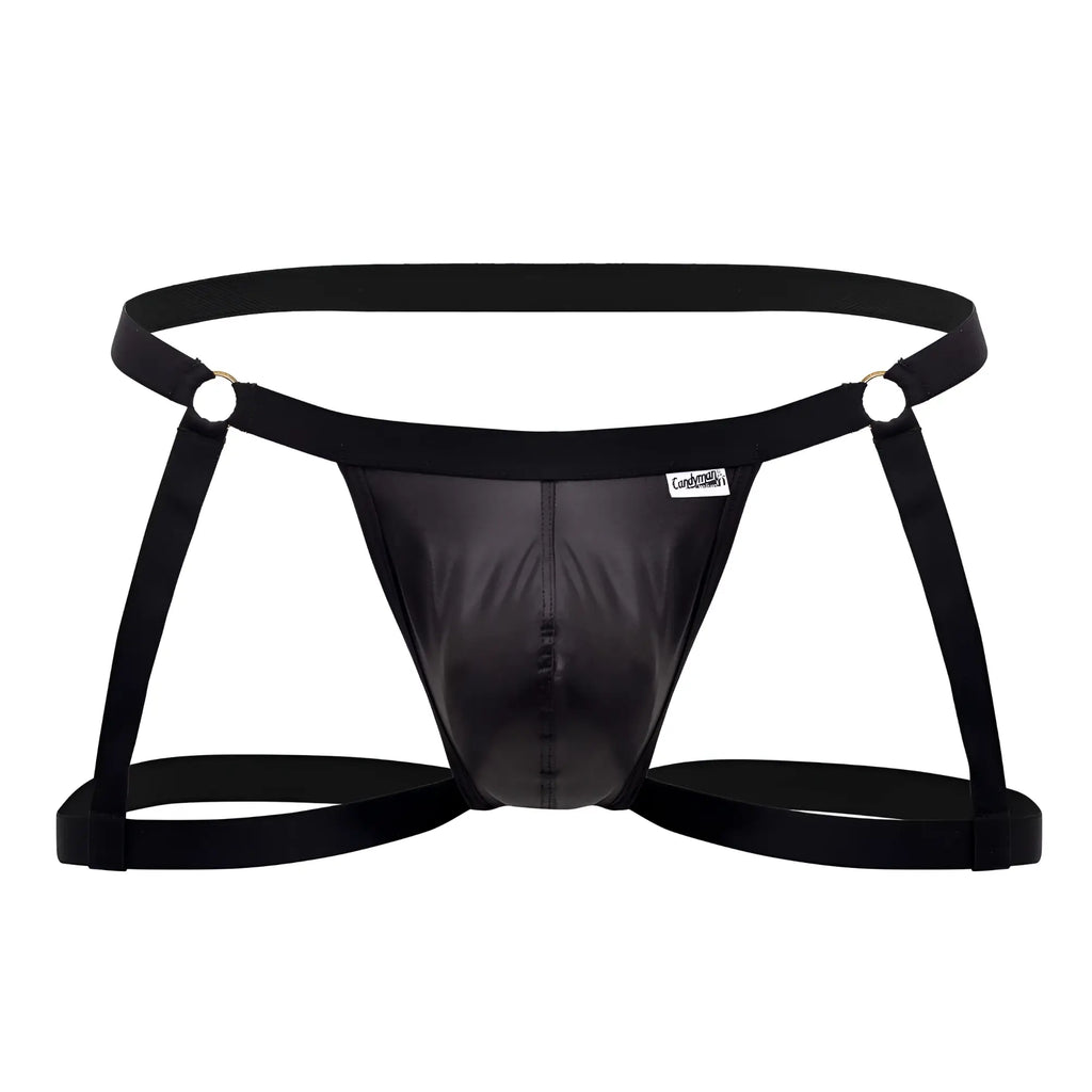 Black patent leather CandyMan 99749 garter jockstrap briefs with adjustable straps and silver metal rings