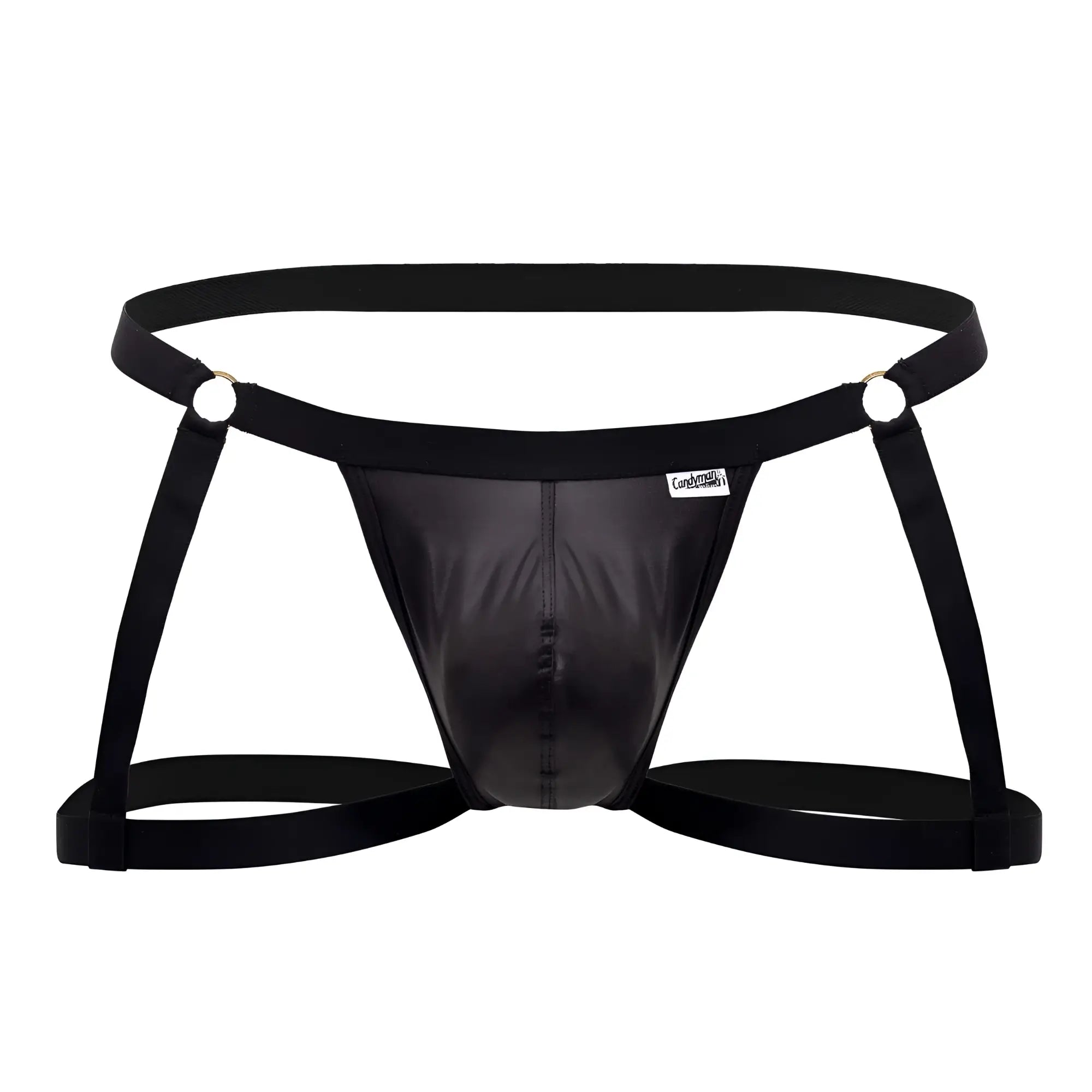 Black patent leather CandyMan 99749 garter jockstrap briefs with adjustable straps and silver metal rings