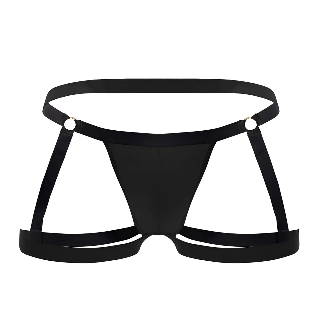 Black satin-like fabric briefs with adjustable straps and metallic grommets from candyman 99749 garter jockstrap