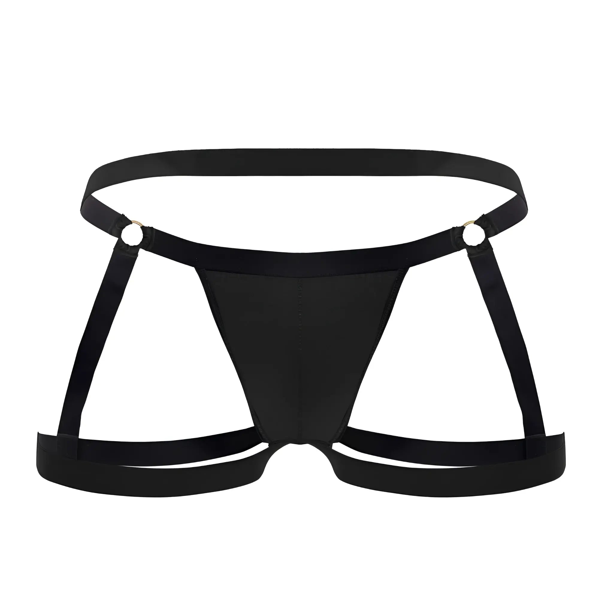 Black satin-like fabric briefs with adjustable straps and metallic grommets from candyman 99749 garter jockstrap