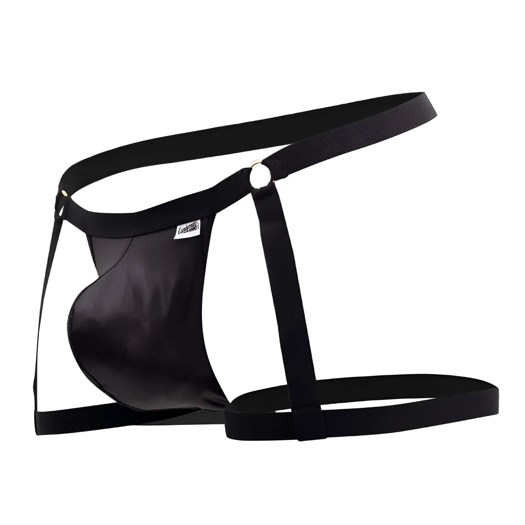 Black satin-like material candyMan 99749 garter jockstrap men’s thong with adjustable straps and central ring